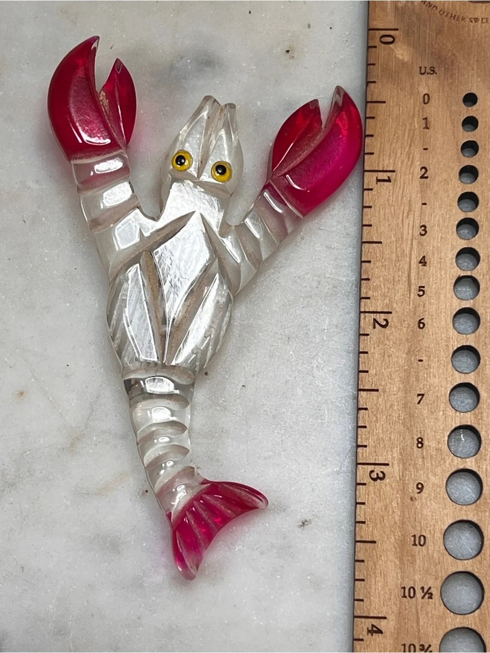 Vintage Clear and Red Carved Lucite Lobster/Crawfish Brooch 3 1/2
